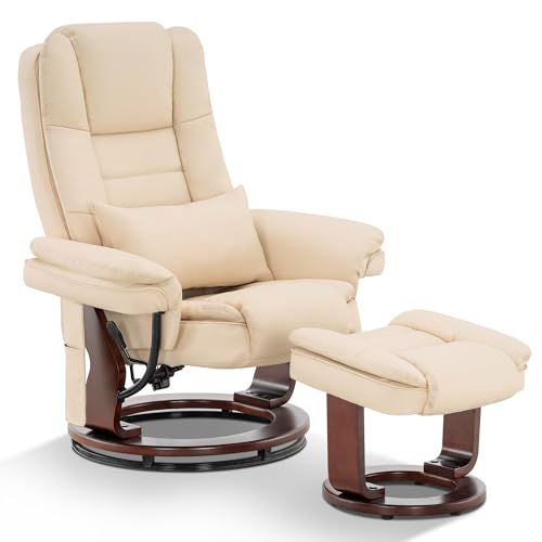 MCombo Recliner with Ottoman Chair Accent Recliner Chair with Vibration Massage, Removable Lumbar Pillow, 360 Degree Swivel Wood Base