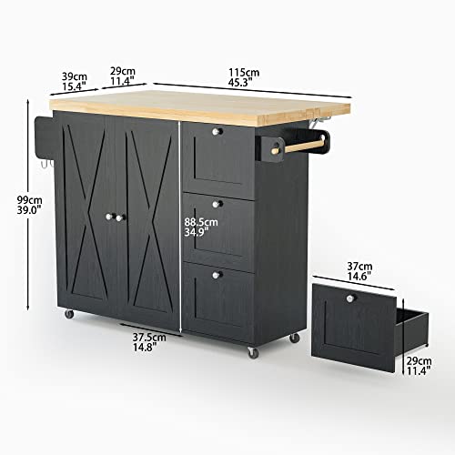 IRONCK Rolling Kitchen Island Cart with Drop-Leaf Countertop, Barn 3Drawers, Barn Door Style Cabine,Thicker Rubberwood Top, Spice Rack, on Wheels