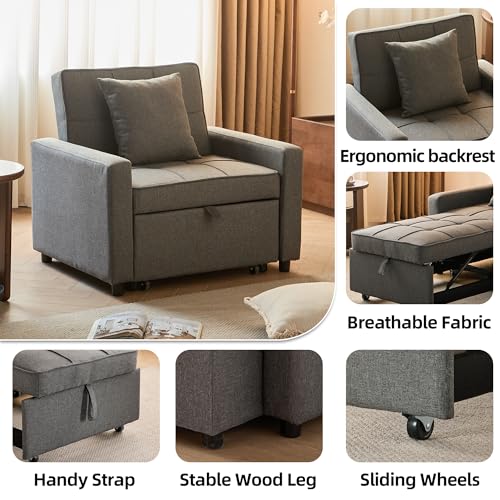 Sofa Bed Chair Convertible ，Sleeper Sofa with Pull-Out Bed ，3-in-1 Futon Couch with Reclining Backrest and Side Pocket (Blue, 35.6‘)
