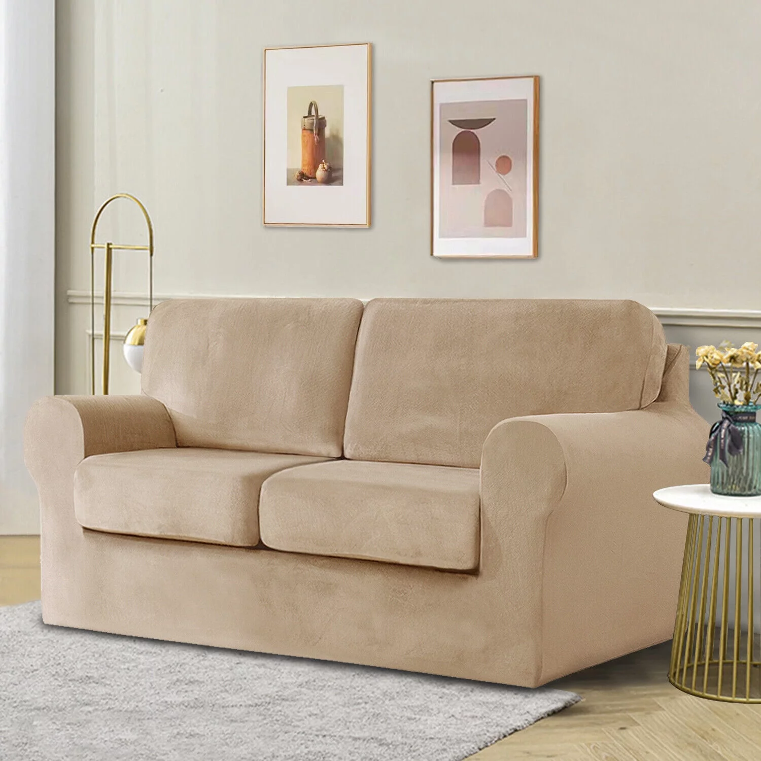 Luxury Velvet Couch Cover 5 Piece Stretch Sofa Covers for 2 Cushion Couch Thick Soft Spandex Sofa Slipcover Living Room Anti Slip Dogs Pet Furnitre