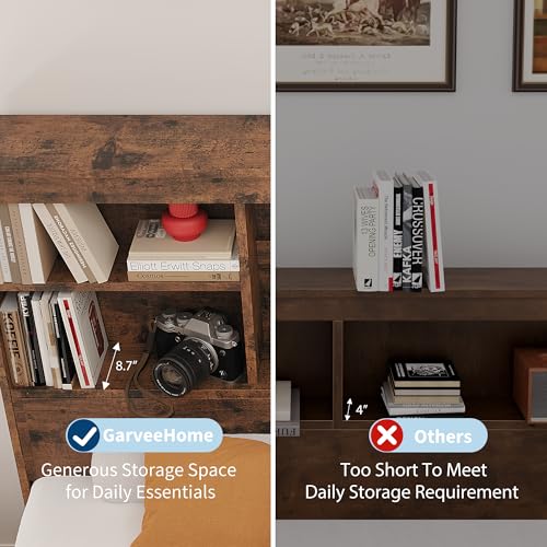 GarveeHome Full Size Bed Frame with High Storage Bookcase Headboard, Wood Bed Frame with 4 Storage Drawers, Built in Charging Station
