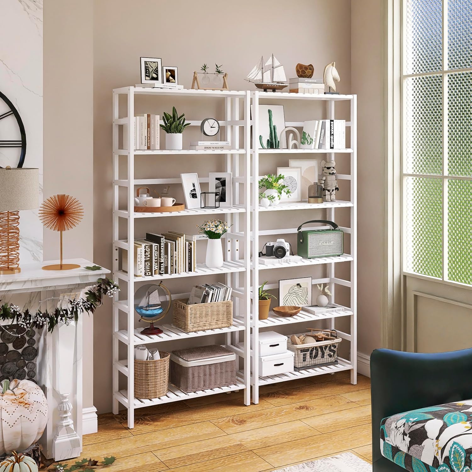 Bamboo Bookshelf Wall Cabinet Small Floor Cabinet Freestanding, Bathroom Storage Organizere with Adjustable Shelves and 4 Hanging Hooks, White