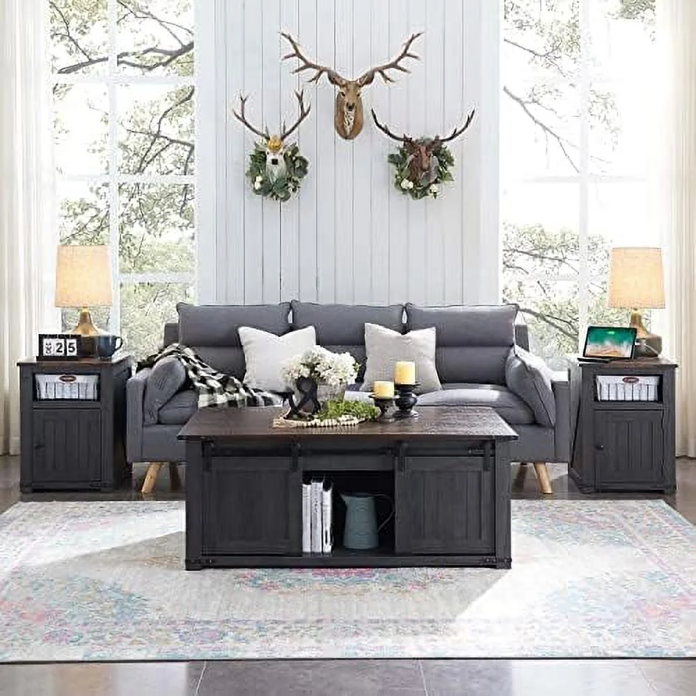 SJOINGB Nightstand with Charging Station  20" Farmhouse End Table w/Groove Barn Door  Rustic Wood Sofa Side Bedside Table w/Open &amp