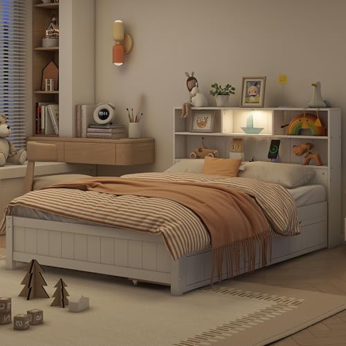 Twin Size Platform Bed with Bookcase Headboard, USB Charging Station and Downlight,Wood Twin Capatain Bed Frames with 2 Storage Drawers