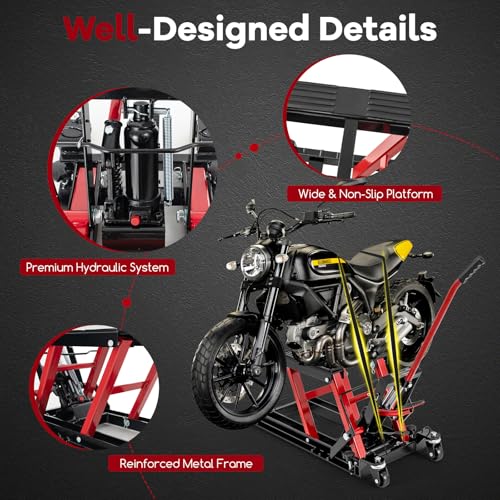 Goplus Motorcycle Lift, 1500 LBS Hydraulic ATV Scissor Jack with Footplates & Long Handle, 2 Ratchet Belts, 4 Wheels, 4.7”-15” Lifting Range