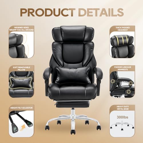 COLAMY Big and Tall Office Chair 500lbs-Heavy Duty Leather Computer Executive Desk Chair with Wide Seat, Adjustable headrest, Lumbar Support-Black