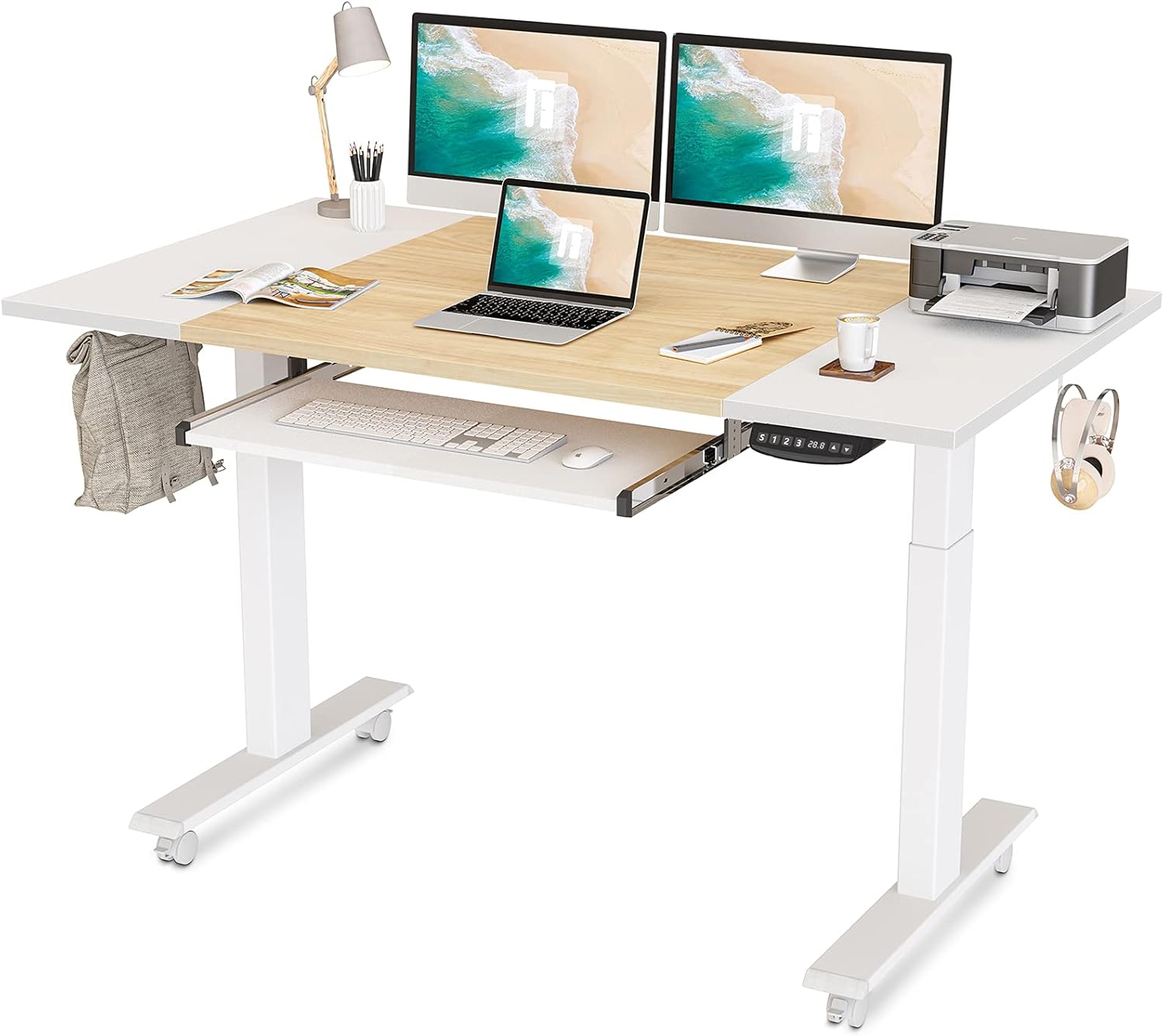 FEZIBO Dual Motor Height Adjustable Electric Standing Desk with Keyboard Tray, 48 x 24 Inch Sit Stand Table with Splice Board