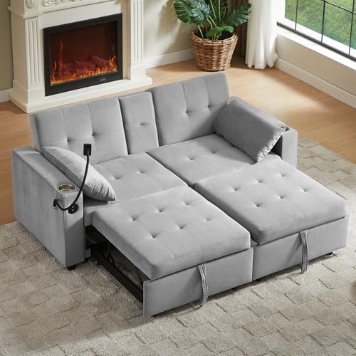 68.11" Corduroy Sleeper Chair Bed with USB Port, Cup Holders & Side Storage Pockets – 3-in-1 Foldable Sofa Bed for Guest Room, Living Room – White