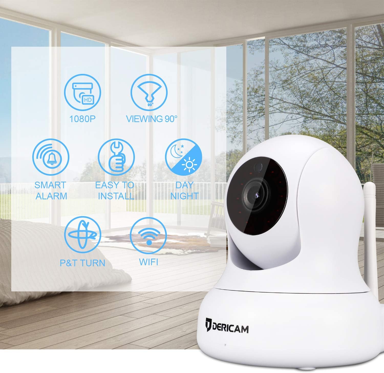 Dericam Home Camera, Pet Camera 1080P@30fps Full HD Real-time Home Security with an Additional 5db Powerful Antenna, Pan/Tilt Control