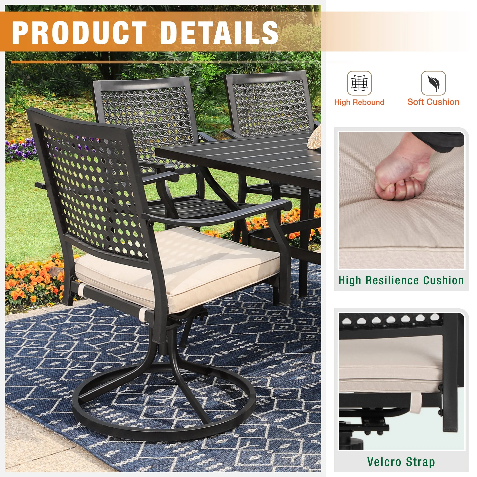 Sophia & William 7 Piece Outdoor Patio Dining Set 6 Cushioned Swivel Chairs and 60" * 38" Teak Wood Table