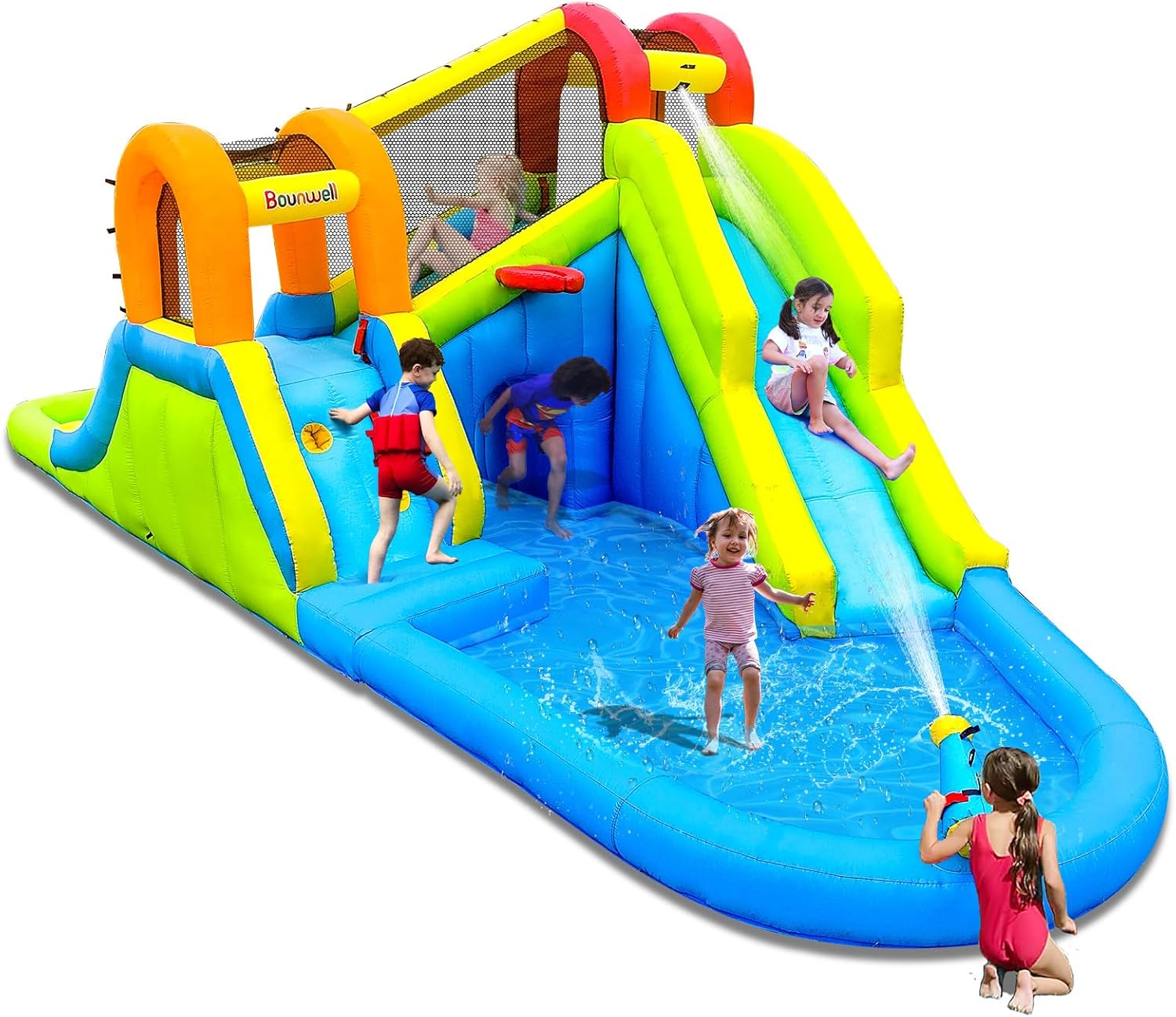 Inflatable Water Slide with Air Blower, Water Park for Kids Backyard, Blow Up Water Slide with 2 Slide, 2 Climbing Wall, Basketball Hoop