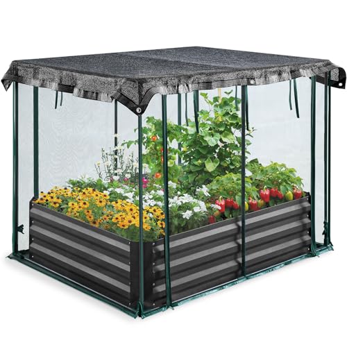 Quictent Galvanized Raised Garden Bed with Crop Cage Plant Protection Net Tent and Shade Cloth Kit Metal Planter Box Bottomless Planting Vegetables
