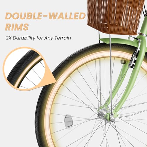 MOONCOOL Womens Bike 7 Speed, 24 26 inch Beach Cruiser Bikes for Women, Step Through Adult Bicycle with Front Basket for City Commuting