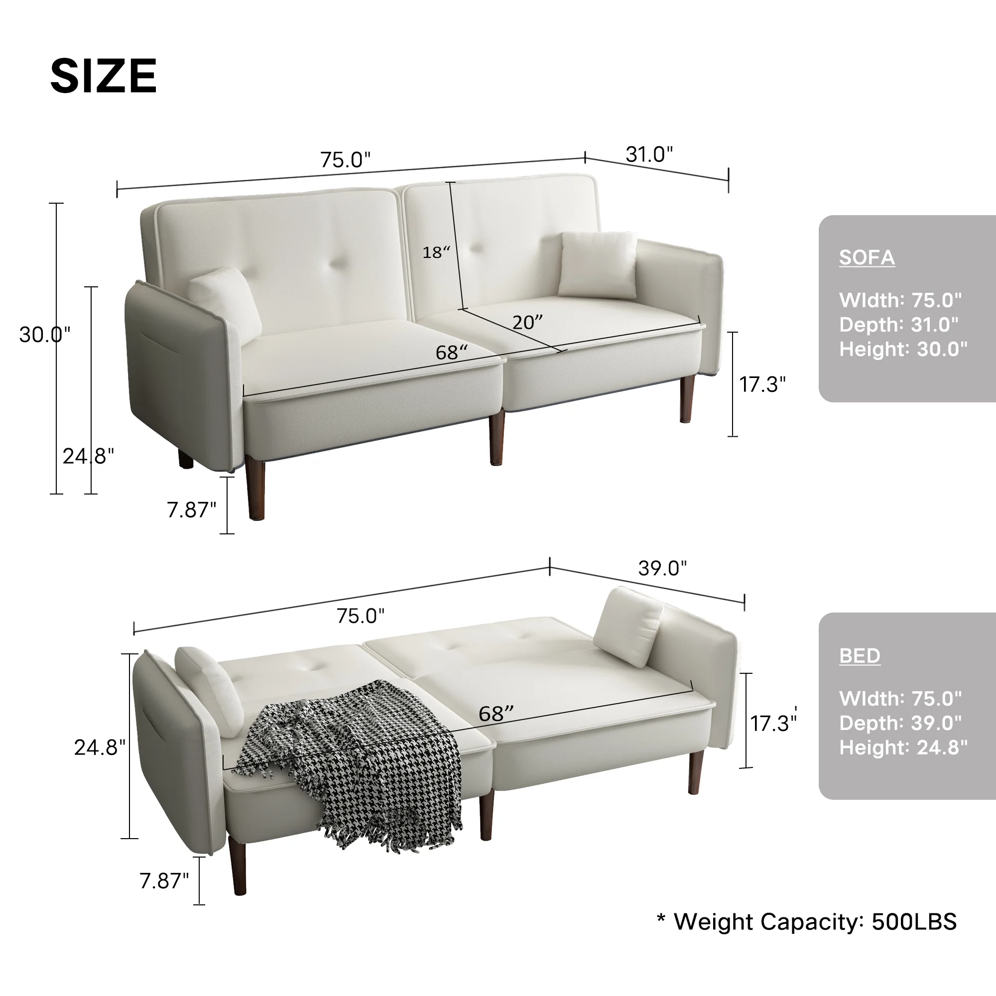 Modern 3 Seater Convertible Sofa Bed, Upholstered Folding Couch Recliner with Pillows Solid Wood Legs for Living Room Bedroom Office