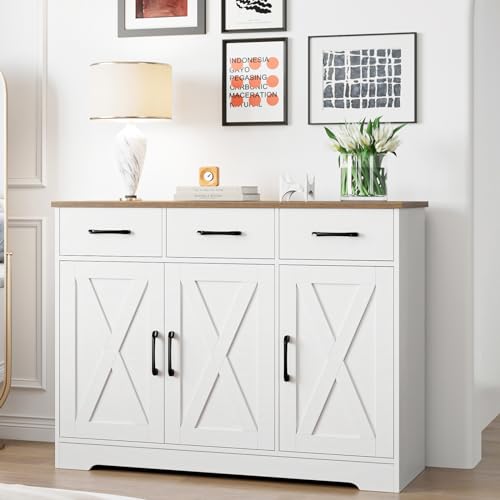 HOSTACK Modern Farmhouse Sideboard Buffet Cabinet, Barn Doors Buffet Storage Cabinet with Drawers and Shelves