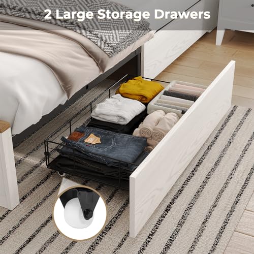 Hasuit Farmhouse Bed Frame California King Size with Storage Bookcase Headboard, Wooden Cal King Bed with LED Lights, Charging Station, 2 Drawers