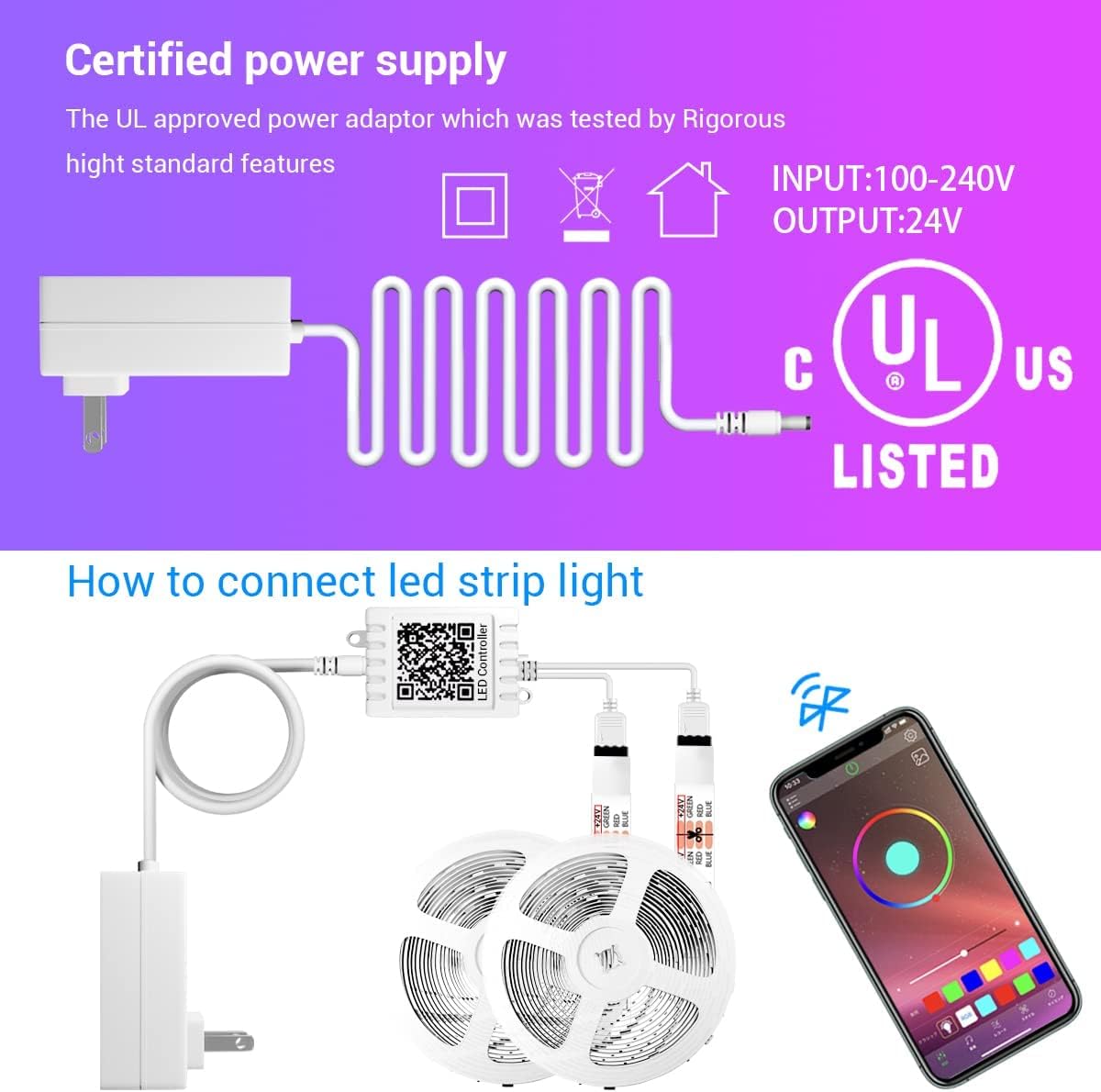 IKERY 5050 RGB Led Strip Lights 100+ ft(2 Rolls of 65.5ft) Smart Music Sync Color Changing LEDs Light Strips