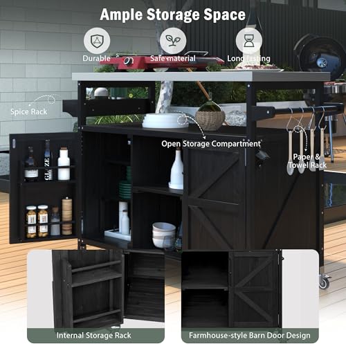 Farmhouse Kitchen Island with Power Outlet, Drop Leaf, Spice Rack and Drawer,Rolling Kitchen Cart on Wheels
