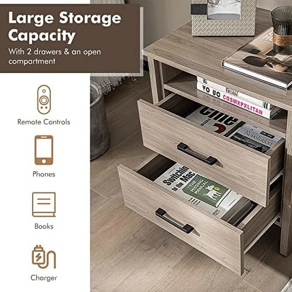 RUNFAYBIU Nightstand with 2 Drawers   Wooden End Side Tables with Open   and Cable Hole  Multifunctional 2-Drawer Night Stand  Farmhouse Bedside