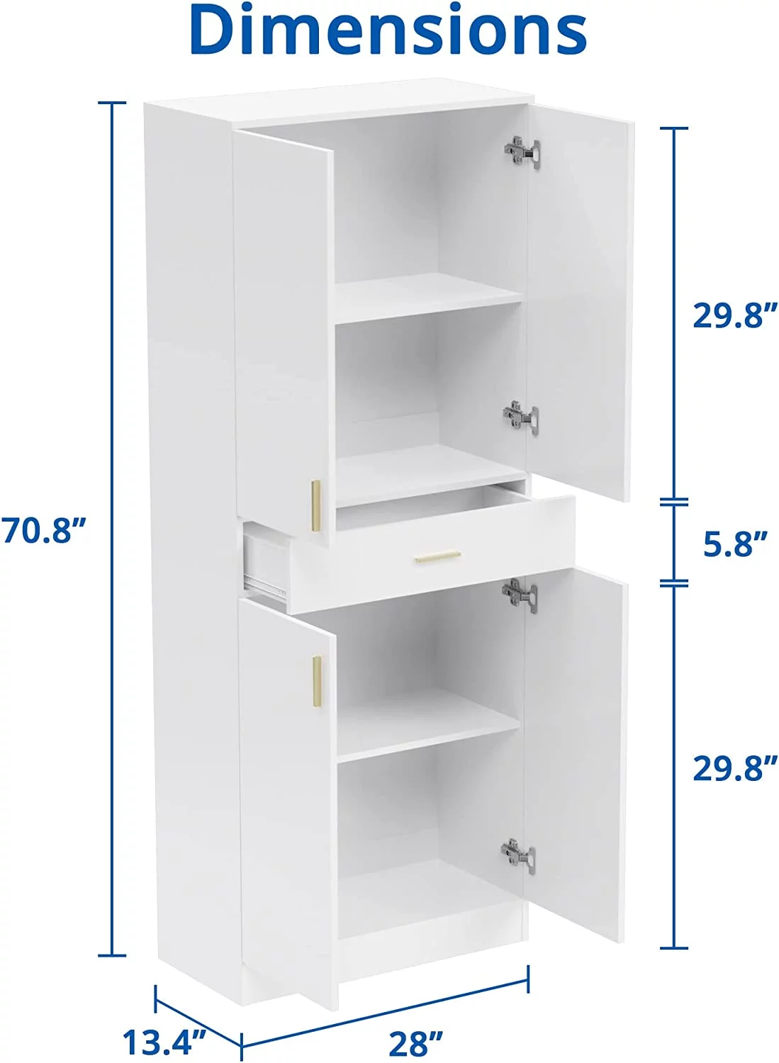Cozy Castle White Kitchen Pantry, 70" Freestanding Storage Cabinet with Doors and Adjustable Shelves, Pantry Cabinet for Kitchen, Bathroom or Hallway