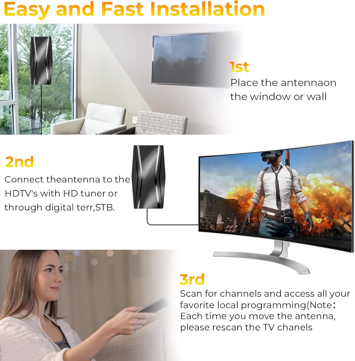 TV Antenna-Amplified HD Digital Indoor/Outdoor TV Antenna Long 420 Miles Range Built-in Smart Amplifier Signal Booster Support 4K 1080p Fire tv Stick