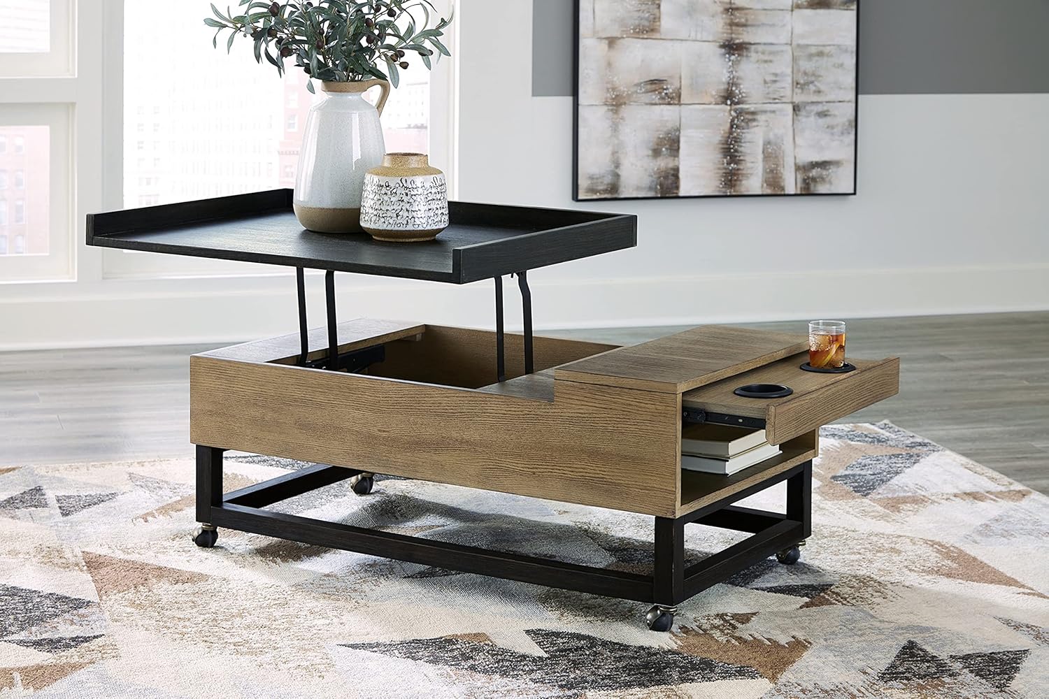 Signature Design by Ashley Fridley Modern Lift Top Cocktail Table with Cupholders and Casters, Light Brown