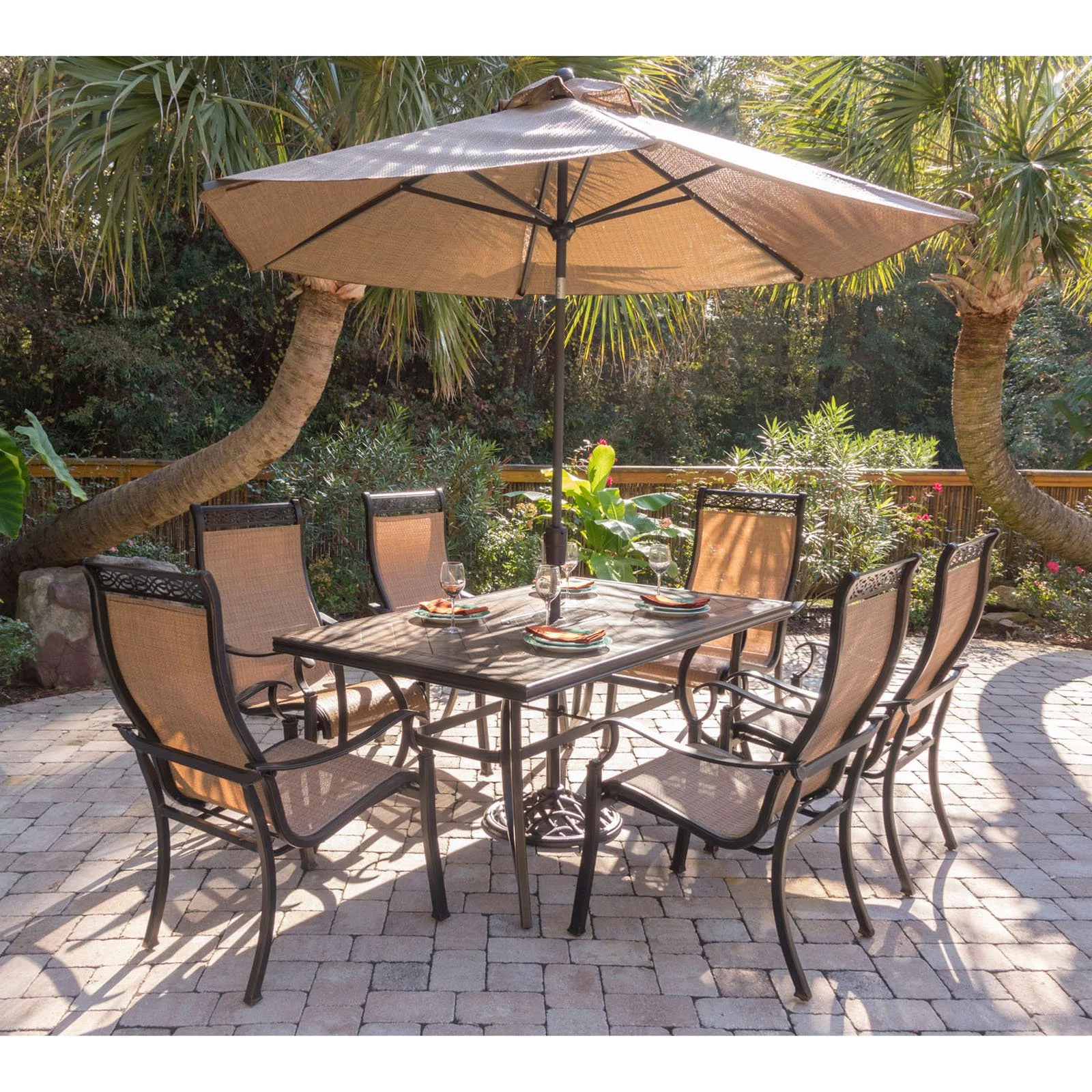 Hanover Outdoor Monaco 7-Piece Tile-Top Dining Set with Sling Stationary Chairs and Umbrella with Stand, Cedar