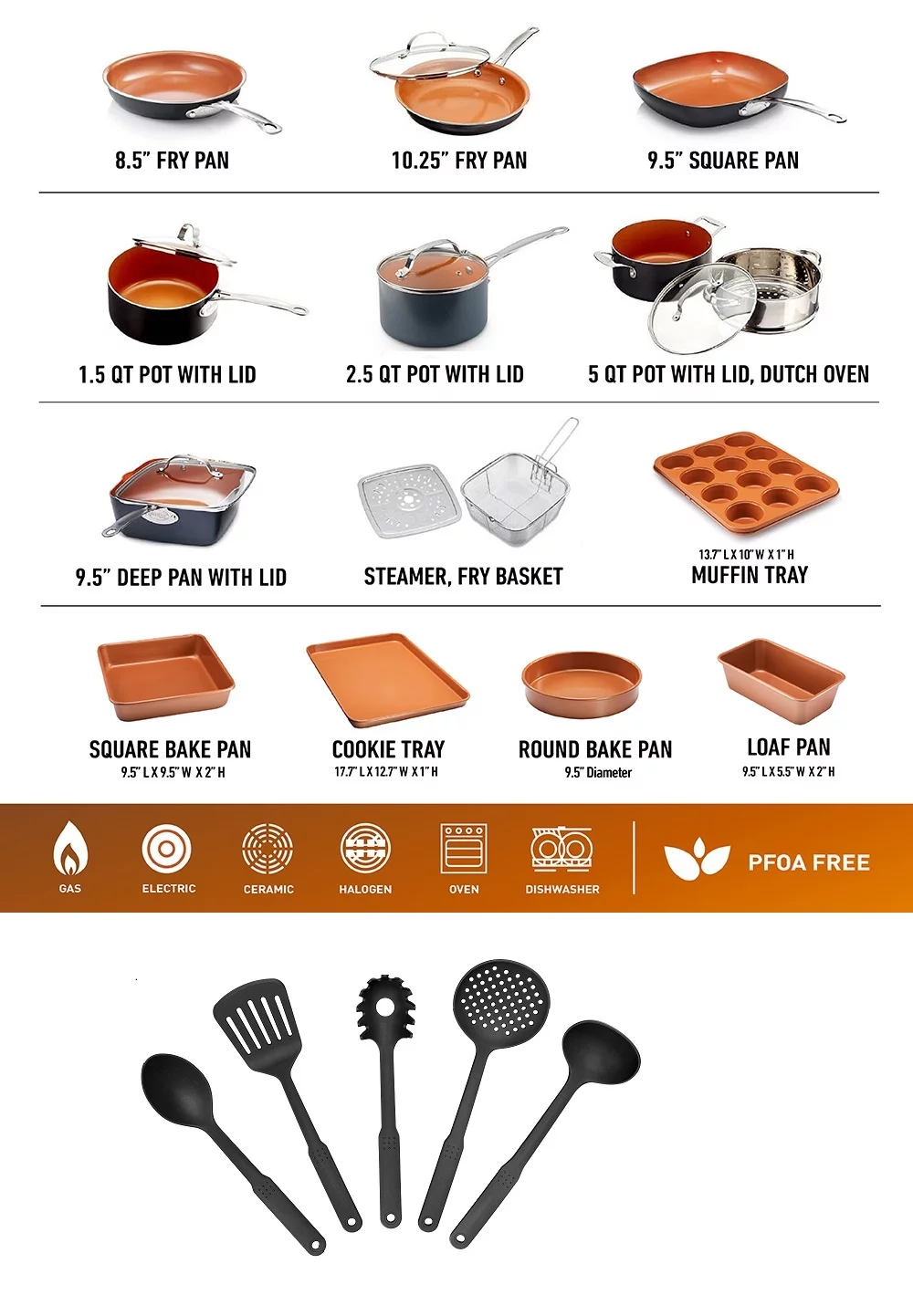 Gotham Steel Kitchen-in-a-box 25 Piece Cookware set, Non-stick Pots & Pans with Utensils, Graphite/Copper