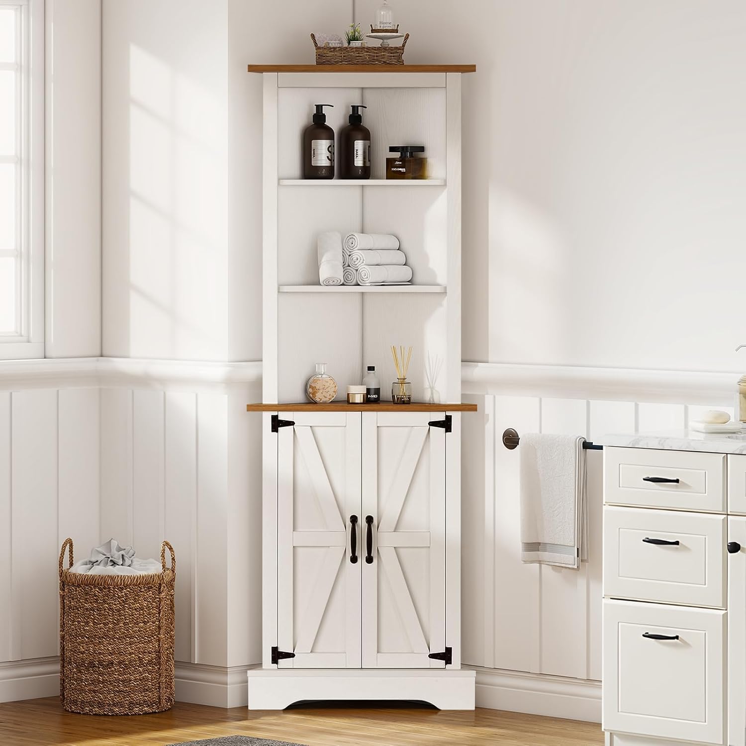 4 EVER WINE Farmhouse Corner Cabinet, Tall Corner Cabinet with 5 Shelves & Barn Doors, Corner Storage Cabinet Home Space Saver for Living Room