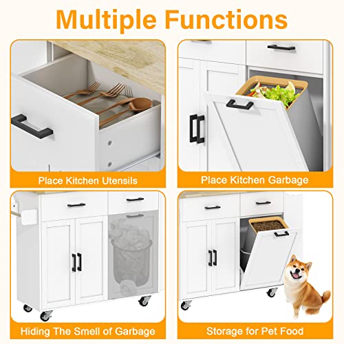 Rolling Kitchen Island with Trash Storage Cabinet, 2 Drawers, Kitchen Island with Drop Leaf, Kitchen Storage Islands Carts W/ 3 Spice Rack