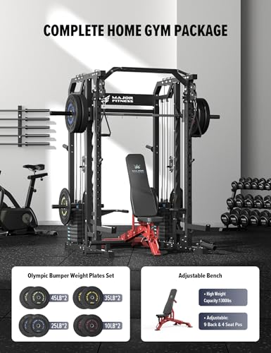 Major Fitness Smith△ Machine Drone2 Premium, All-in-One Home Gym Squat Rack with Aluminum Pulley Set , Weight Bar