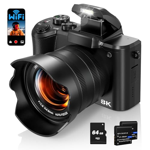 8K Digital Camera for Photography, 88MP Autofocus WiFi Vlogging Camera for YouTube Video with Front and Rear Lens, Flash, Touch Screen, Lens Hood