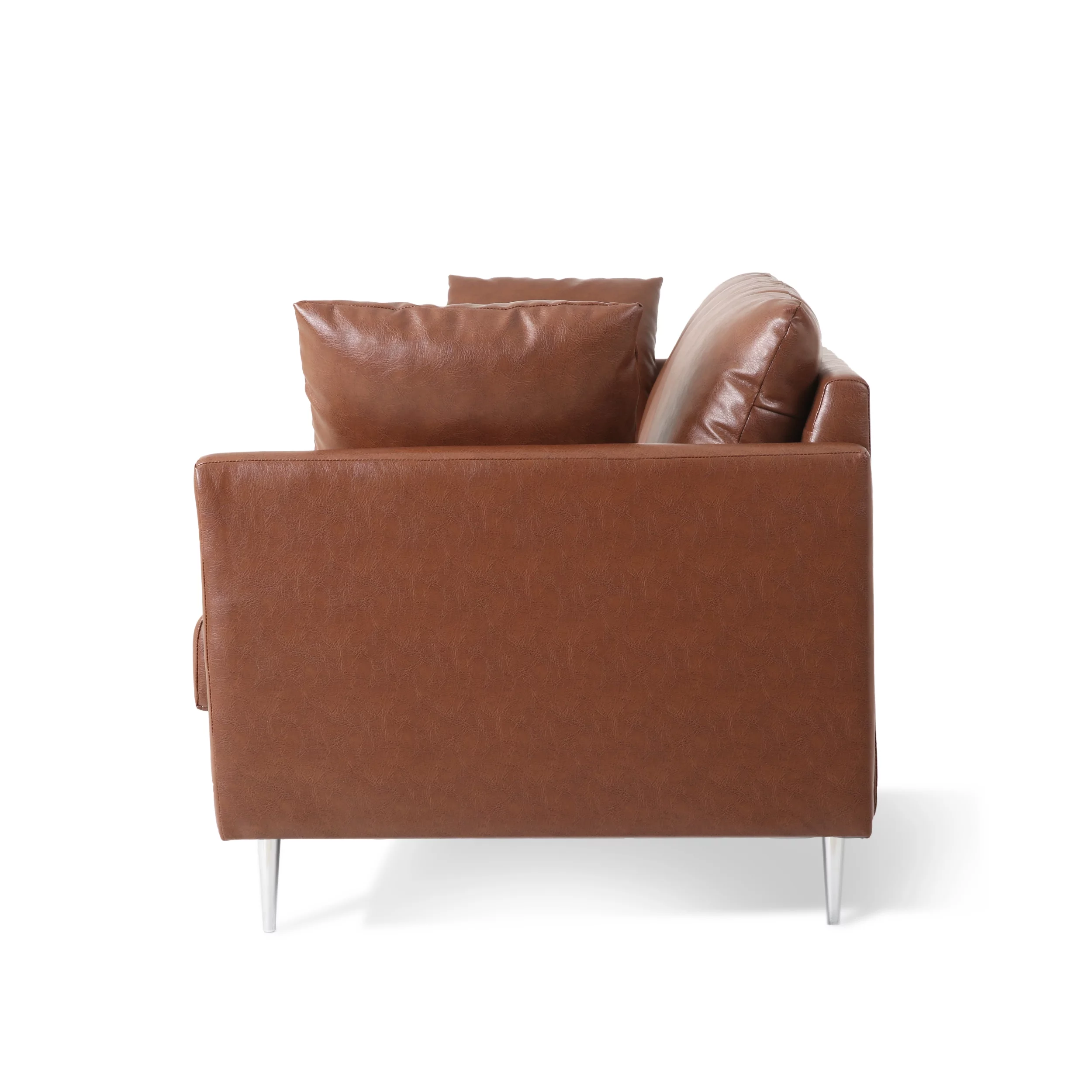 Noble House Eliphaz Faux Leather 3 Seater Sofa with Pillows, Cognac Brown