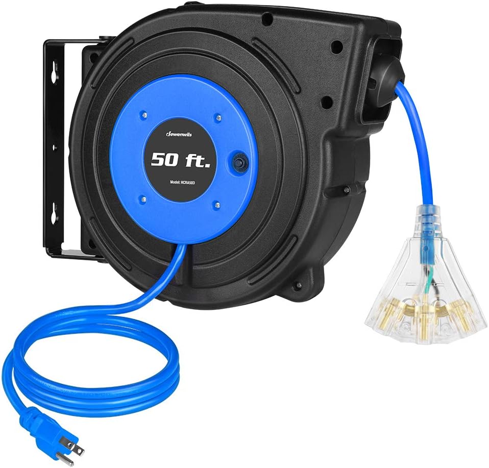 DEWENWILS Retractable Extension Cord Reel, 50FT Power Cord Reel with 14AWG/3C SJTOW, 13A Circuit Breaker, Wall/Ceiling Mounted