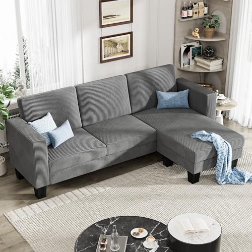 YESHOMY L-Shaped Convertible Sectional Sofa 3 Seater with Corduroy Fabric, Complete with Mobile Footrest, for Living Room, Apartment and Office, 70"