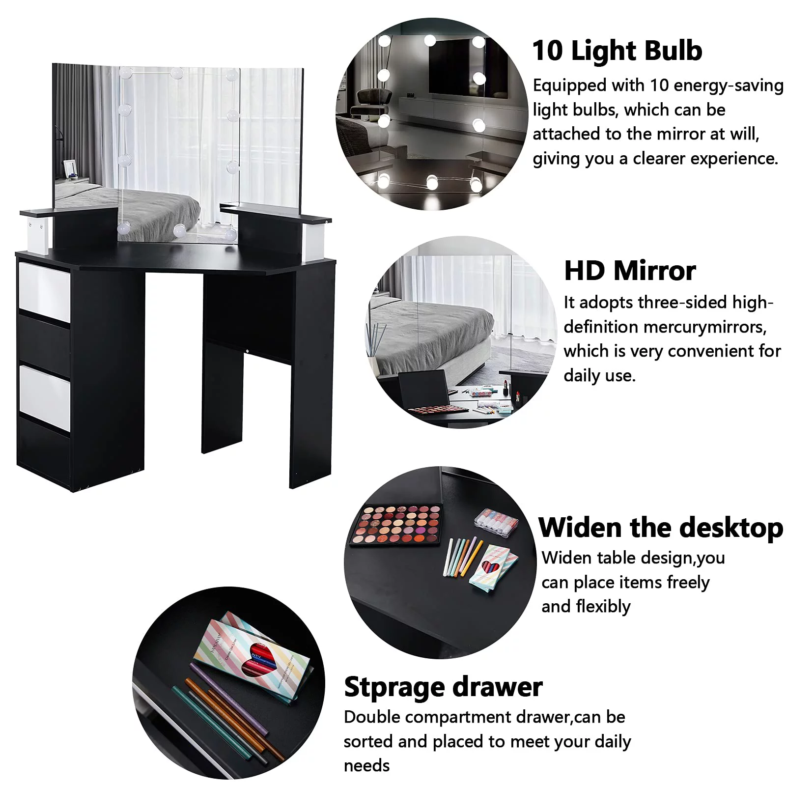 VEANERWOOD Corner Makeup Vanity Dressing Table with 10 Light Bulbs, Modern, Black, Bedroom