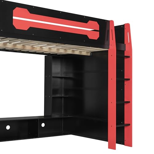 Gaming Bed with Desk,Wardrobe,Ample Storage Space,and RGB LED Light, Full Size Wood Loft Bed for Kids Bedroom (Cloud Blue/K)