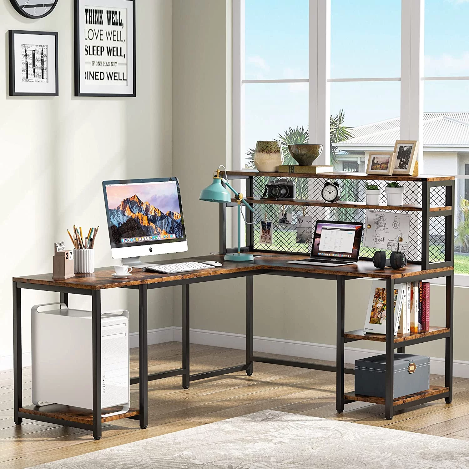 Tribesigns 67" Computer Desk with Hutch Rustic Brown Office Desk Home Study Table with Shelves