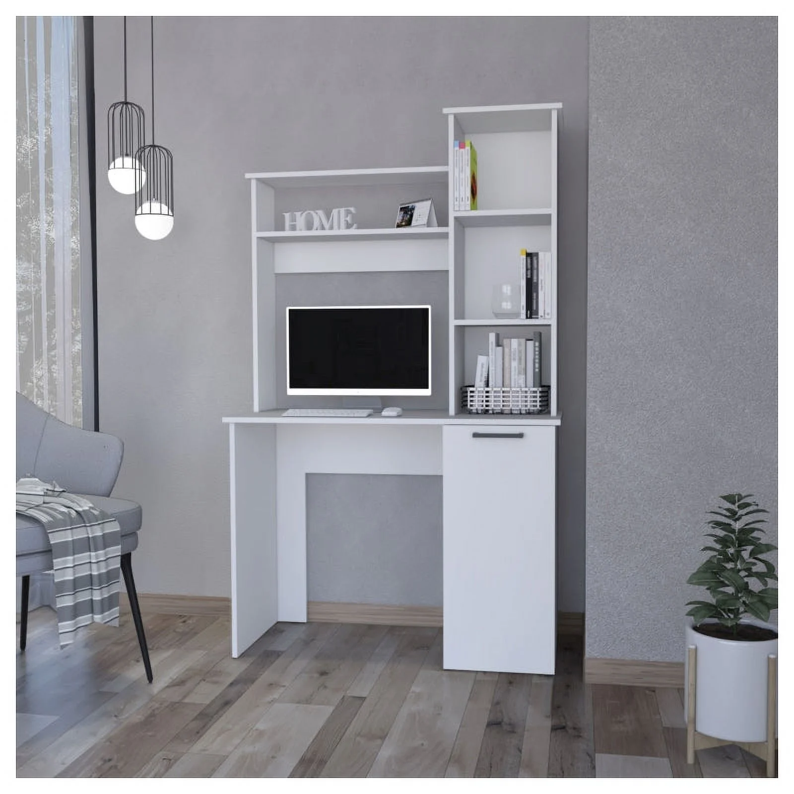 Home Square 2-Piece Set with Computer Desk and Wood Bookcase in White