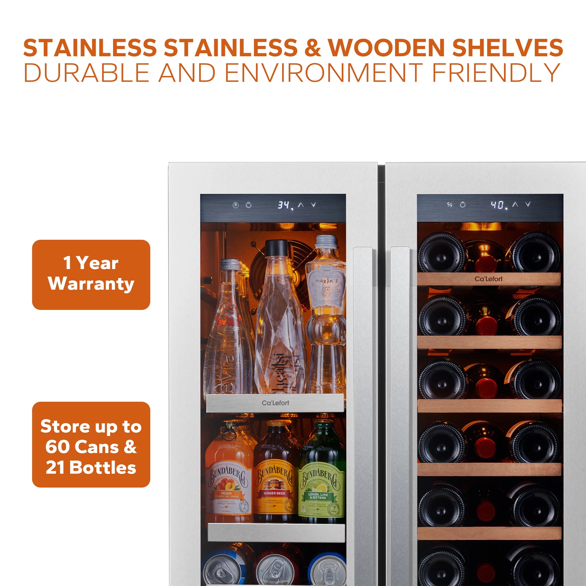 Ca'Lefort 24 inch Wine Cooler Beverage Refrigerator, Hold 60 Cans and 20 Bottles Dual Zone Wine Fridge with Stainless Steel French Door