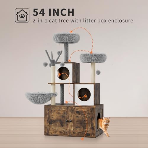 57.5-Inch Cat Tree with Litter Box Enclosure 2-in-1 Modern Cat Tower with Cat Condo/Hammock/Scratching Post/Plush Perch/Removable Pompom Sticks/Caves
