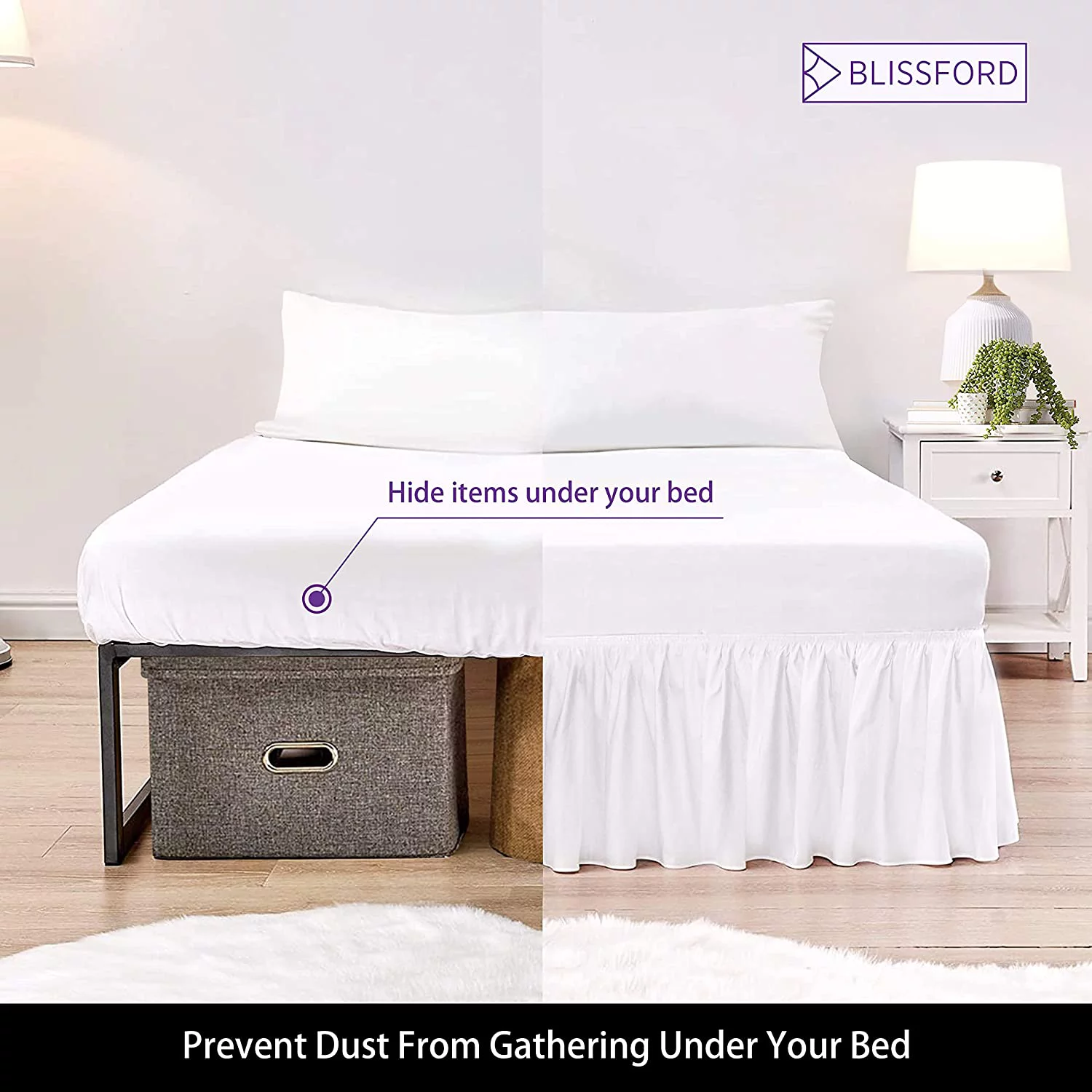 Ruffled Bed Skirt with Split Corners - Queen, White, 21" Drop Dust Ruffle- Blissford Dust Ruffle
