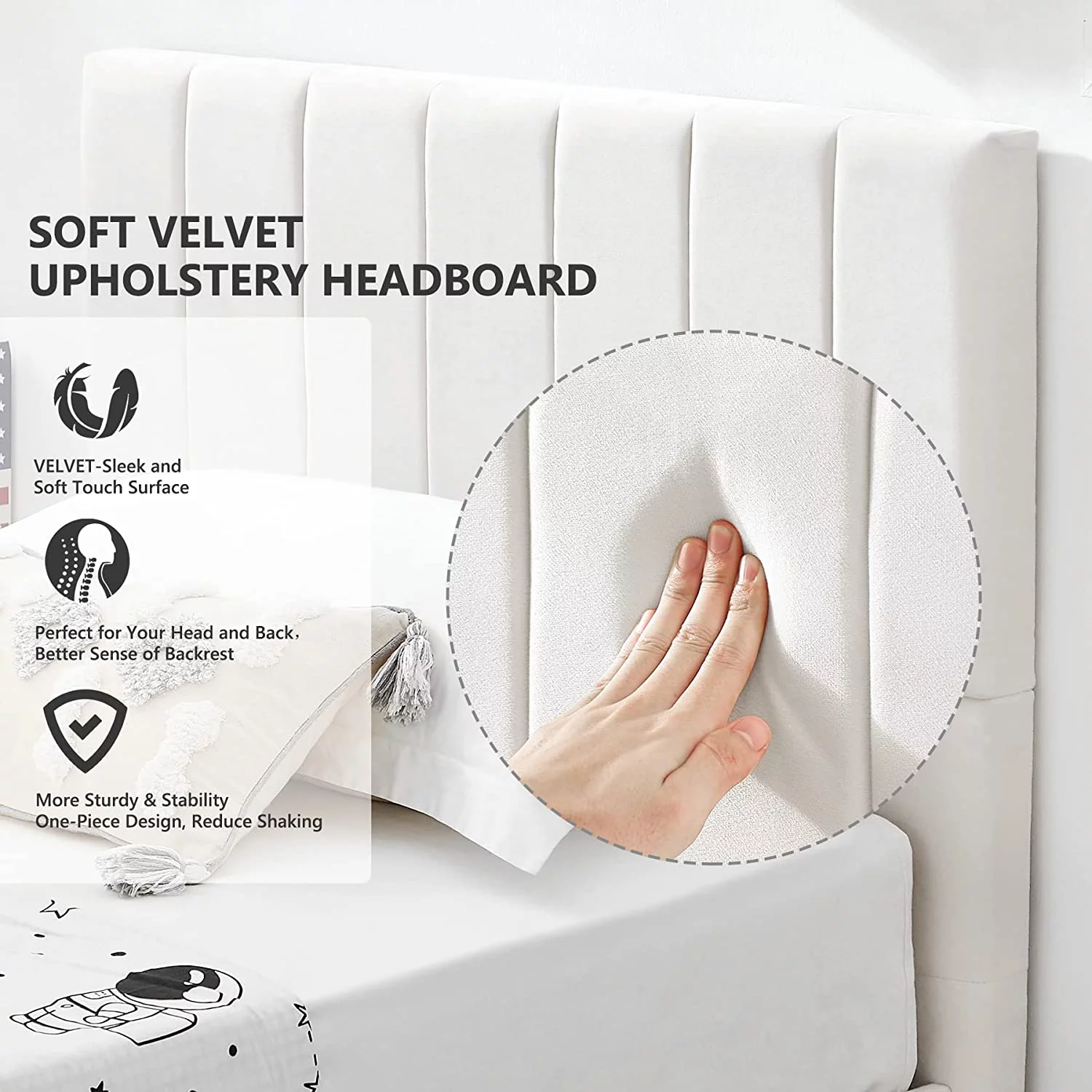 Flolinda Twin Size Bed Frame with Velvet Upholstered Vertical Channel Tufted Whole Headboard, No Box Spring Needed/Easy Assembly, Off White