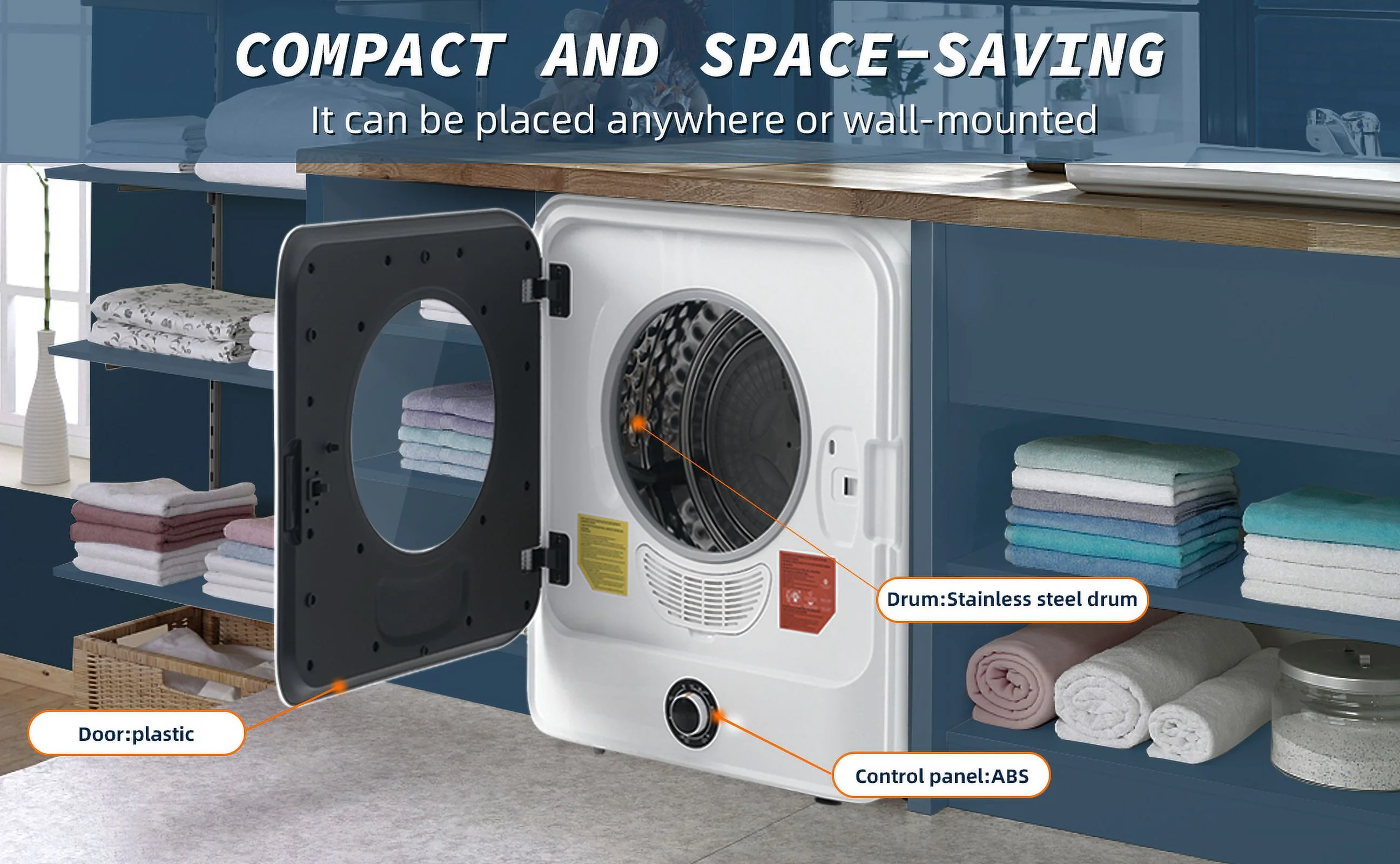 Churanty Portable Clothes Dryer Machine 850W, Electric Laundry Dryer Machine 1.95 Cu.ft, Front Load with Stainless Steel Drum, Multi-Filtration