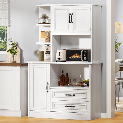 DWVO Kitchen Pantry Storage Cabinet, 64" H Kitchen Hutch Cabinet with Power Outlet, Sliding Racks with Door