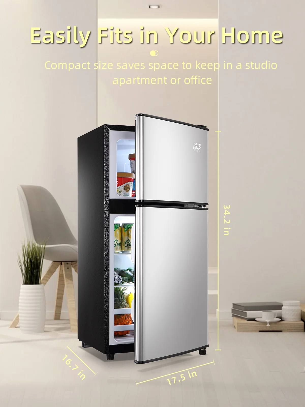KRIB BLING 3.5 Cu.ft Mini Fridge with 7 Level Thermostat, Compact Refrigerator with Freezer on Top, Ideal for Dorm, Office, Black
