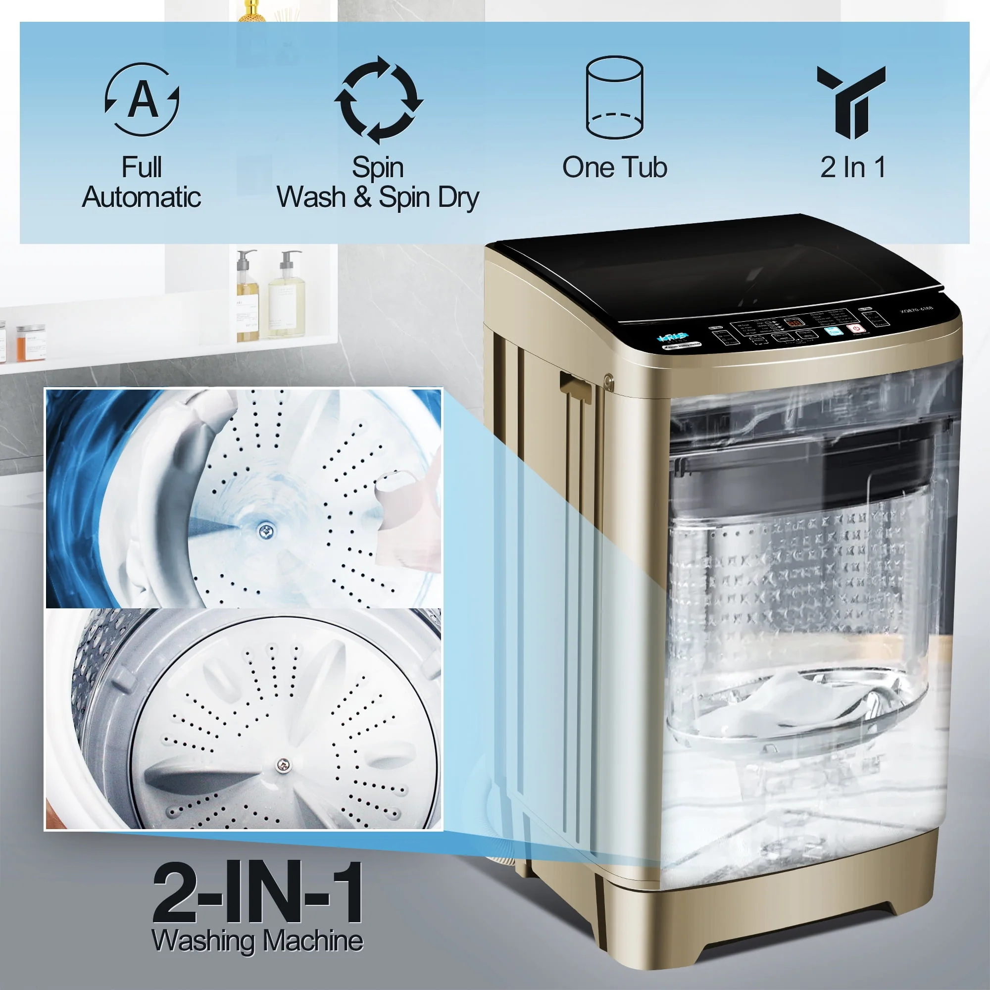 KRIB BLING Portable Washing Machine, 17.7 lbs Large Capacity Full Automatic Washing Machine, Compact Laundry Washer for Home Apartment, Coffee Gold