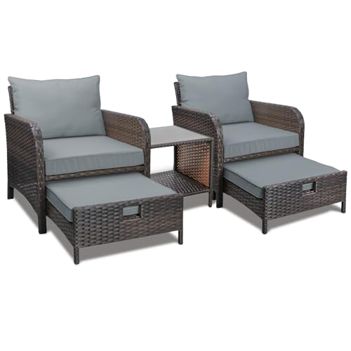 LEVELEVE Balcony Furniture 5 Piece Patio Conversation Set, PE Wicker Rattan Outdoor Lounge Chairs with Soft Cushions 2 Ottoman&Glass Table for Porch
