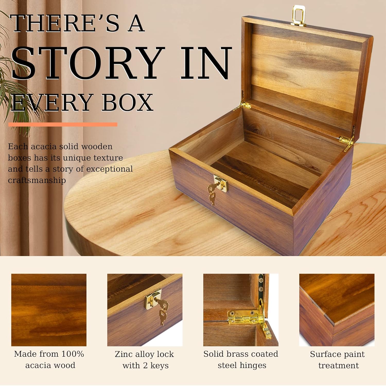 Wood Box Large Keepsake Boxes with Hinged Lids Solid Wooden Storage Boxes with Lock Big Sturdy Treasure Chest Decorative Stash Memory Gift Box for