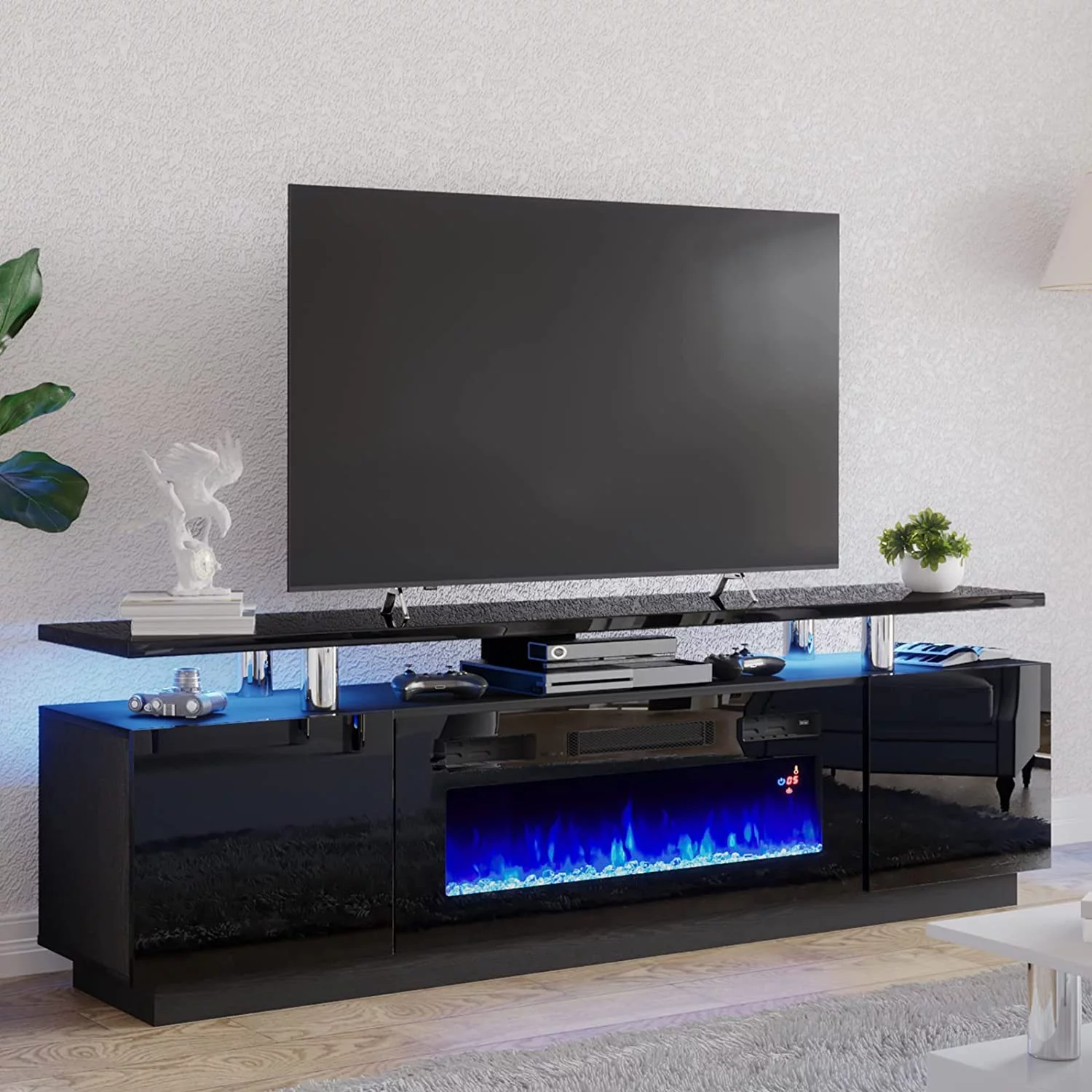 Amerlife Fireplace TV Stand with 36" Fireplace, 70" Modern High Gloss Entertainment Center LED Lights, 2 Tier TV Console Cabinet for TVs Up to 80"
